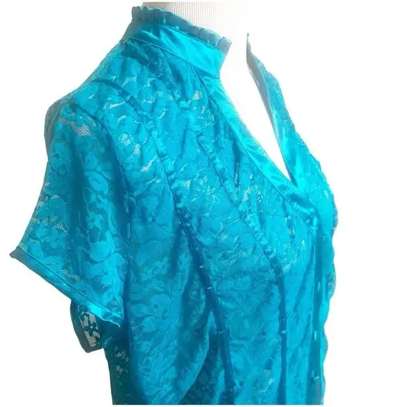 Lane Bryant Lace & Satin Trim Short Sleeve Button Down Blouse Y2K 18/20 - Picture 4 of 10